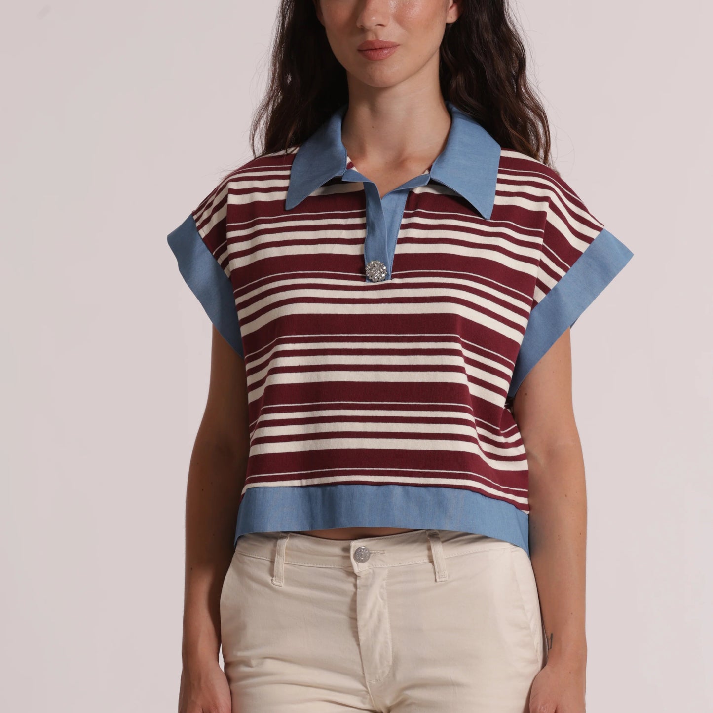 Polo maglia righe bordeaux colletto azzurro Mimi-Mua