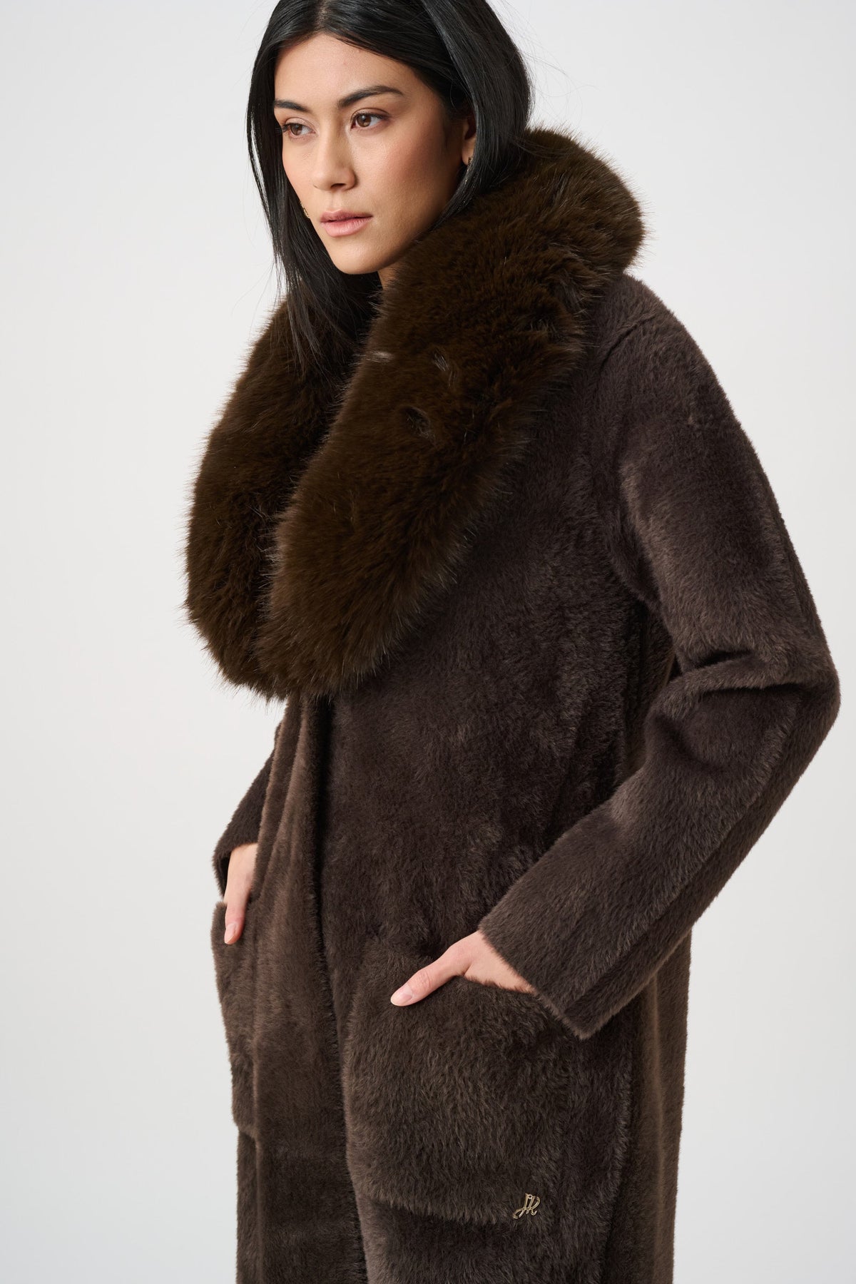 Cappotto con Collo in Ecopelliccia Staccabile Moka - Joseph Ribkoff