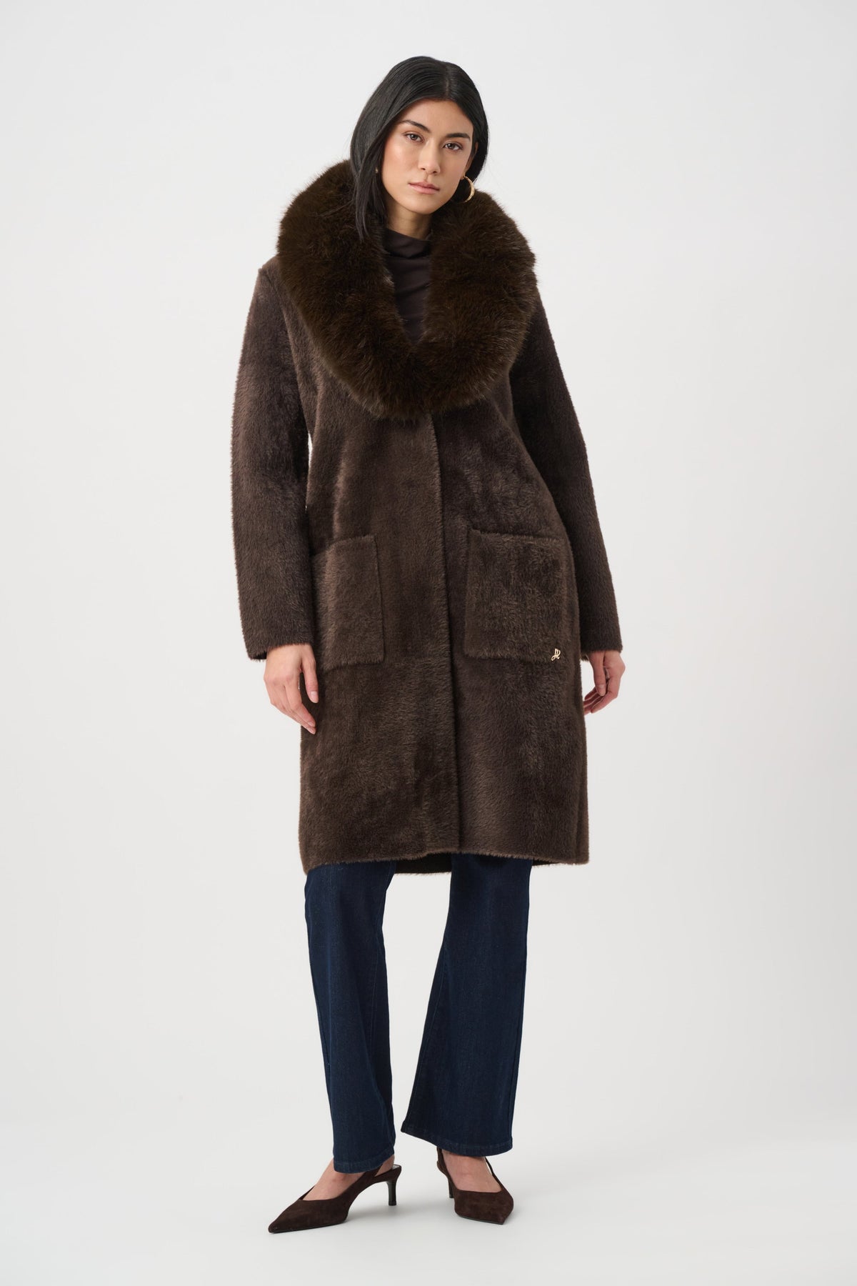 Cappotto con Collo in Ecopelliccia Staccabile Moka - Joseph Ribkoff