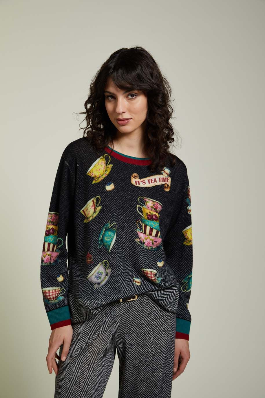 Pull Scollo a Barca Over Double Use Pattern Spigato Nero - Jei's