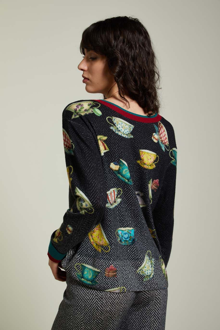Pull Scollo a Barca Over Double Use Pattern Spigato Nero - Jei's