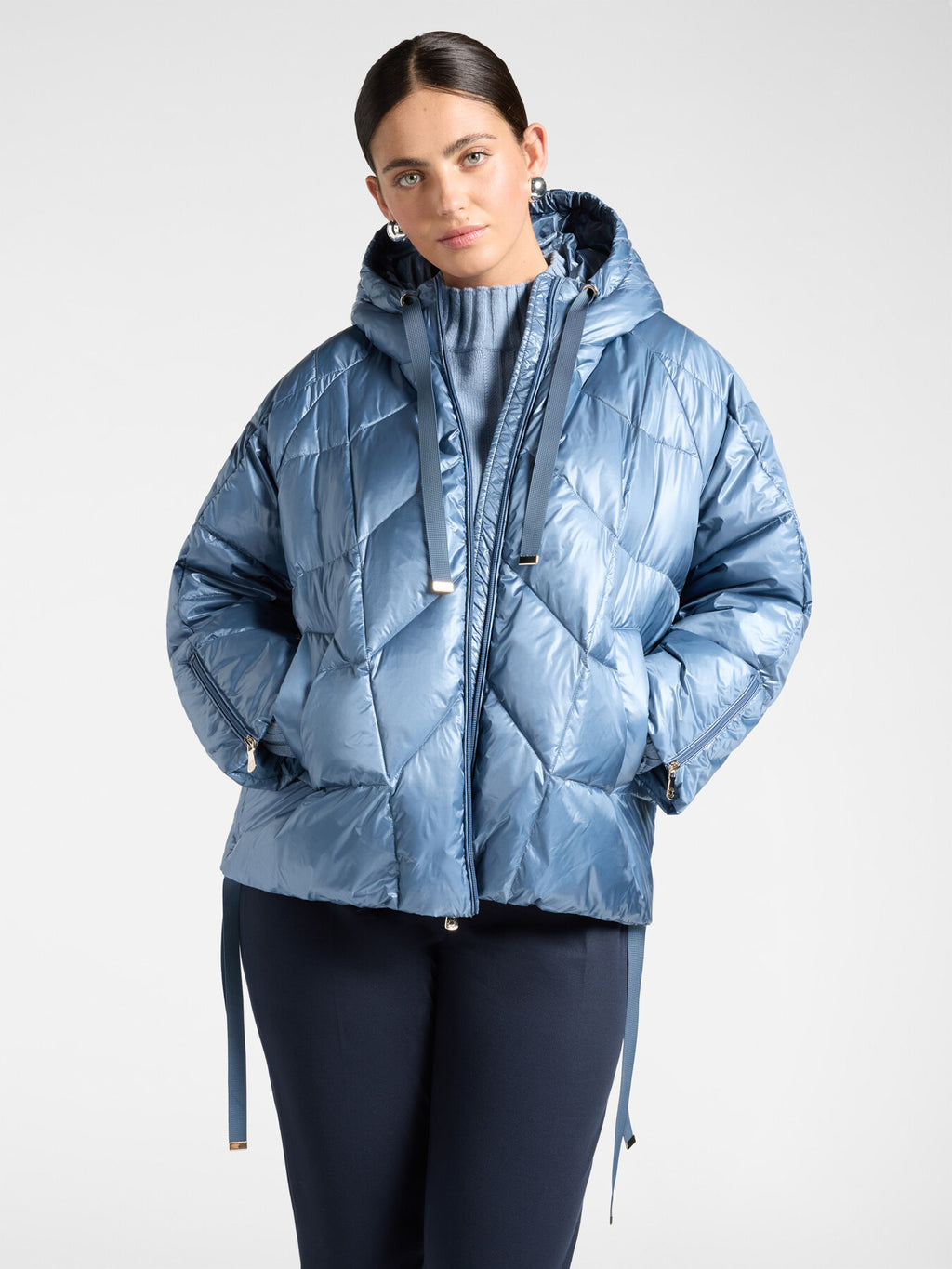 Piumino Trapuntato in Nylon con Cappuccio Azzurro - Elena Mirò