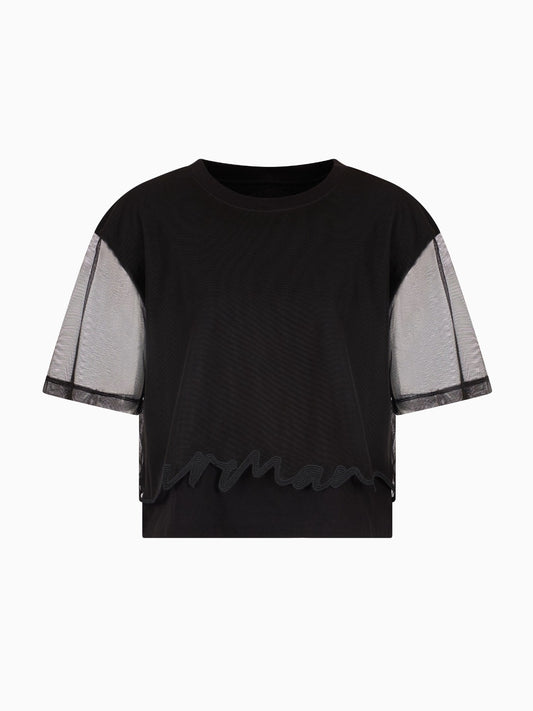 T-shirt Nera con Strato in Tulle e Dettaglio Logo