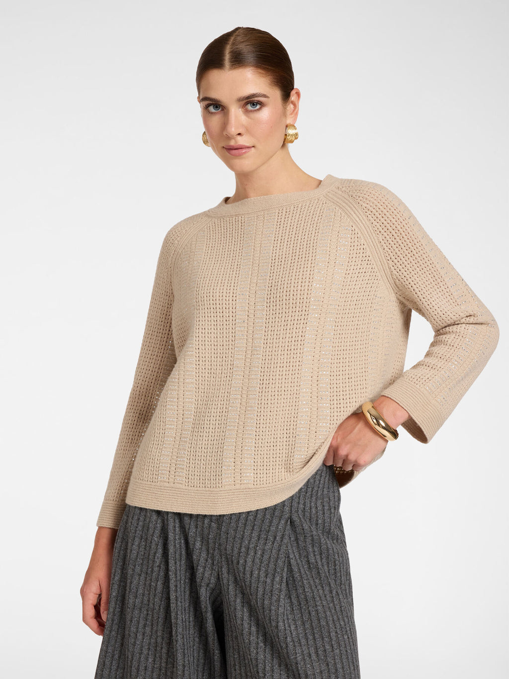 Maglia Misto Lana À-jour con Scollo a Barchetta Beige - Elena Mirò