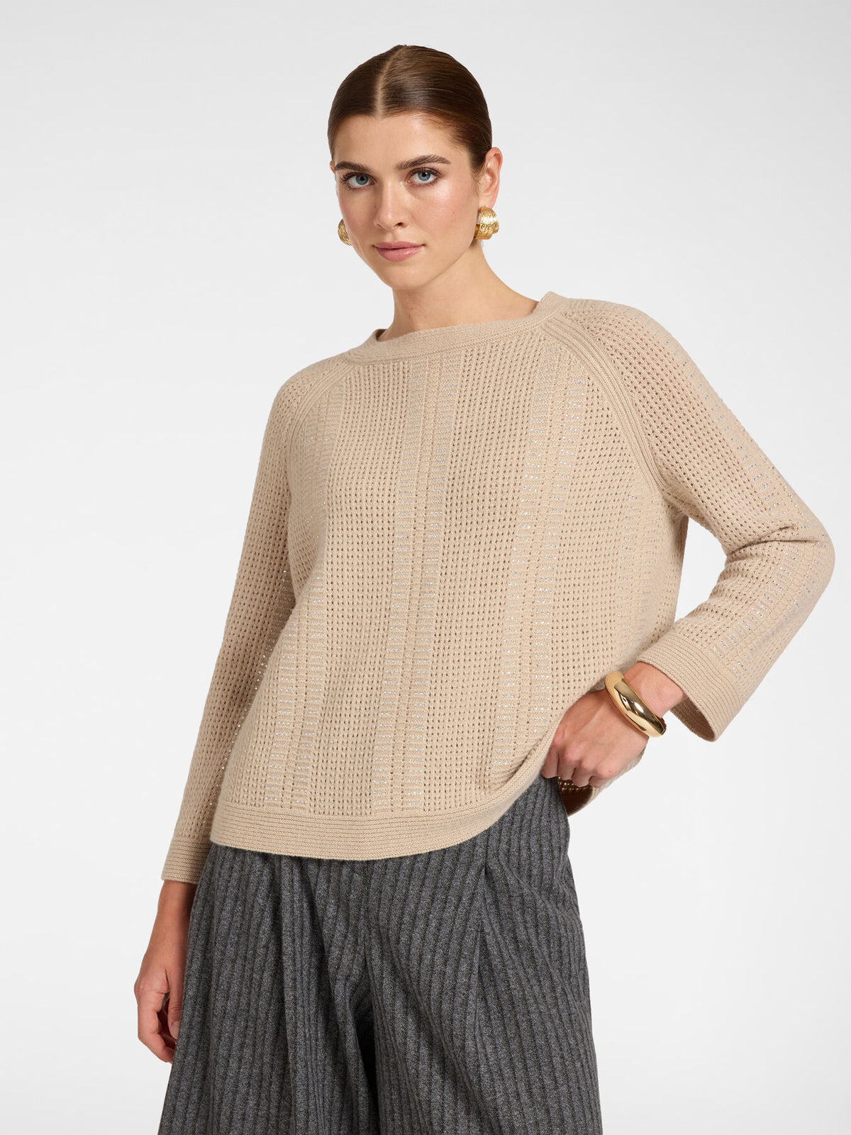 Maglia Misto Lana À-jour con Scollo a Barchetta Beige - Elena Mirò