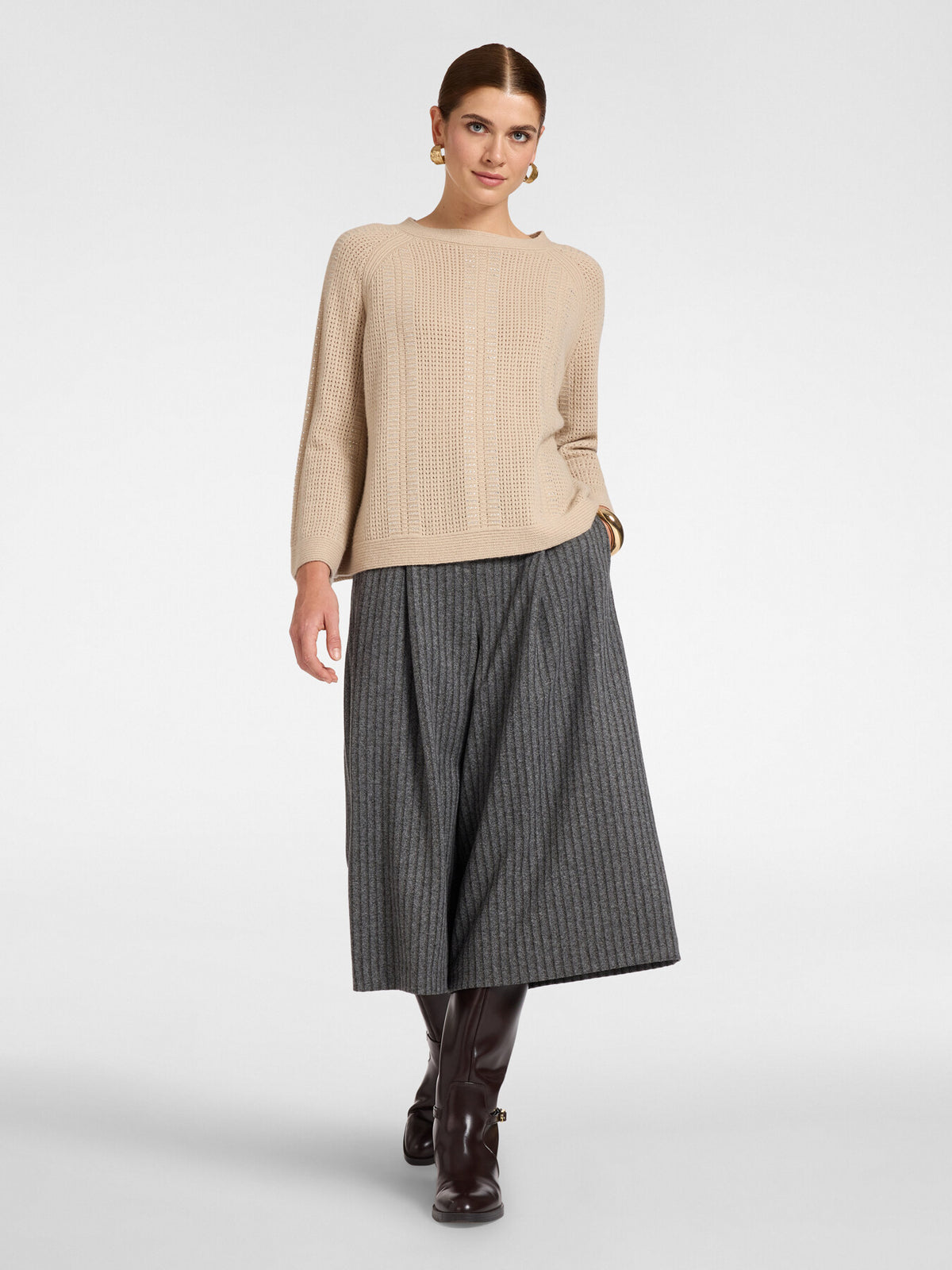 Maglia Misto Lana À-jour con Scollo a Barchetta Beige - Elena Mirò