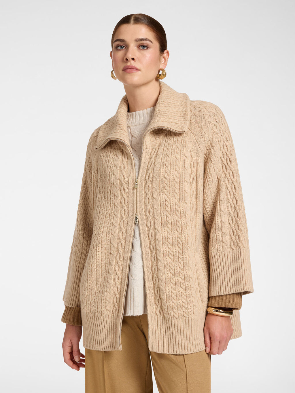 Cardigan Lana Trecce Collo Alto Beige - Elena Mirò