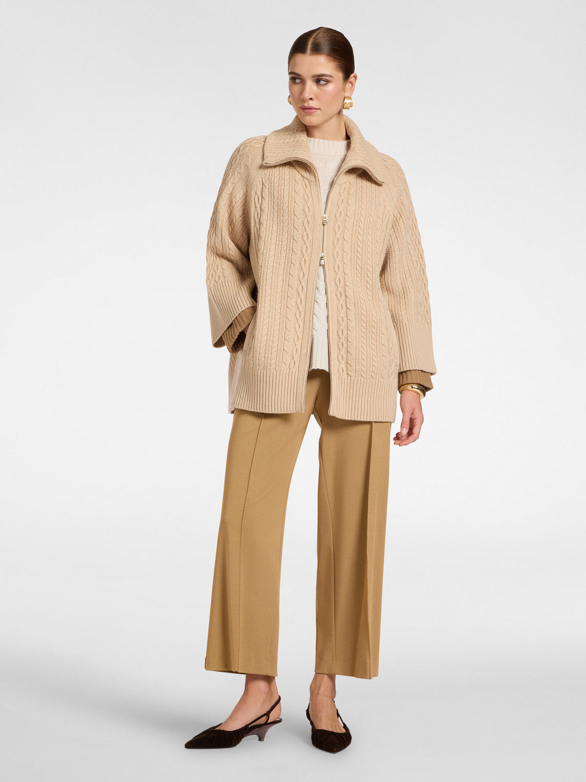 Cardigan Lana Trecce Collo Alto Beige - Elena Mirò