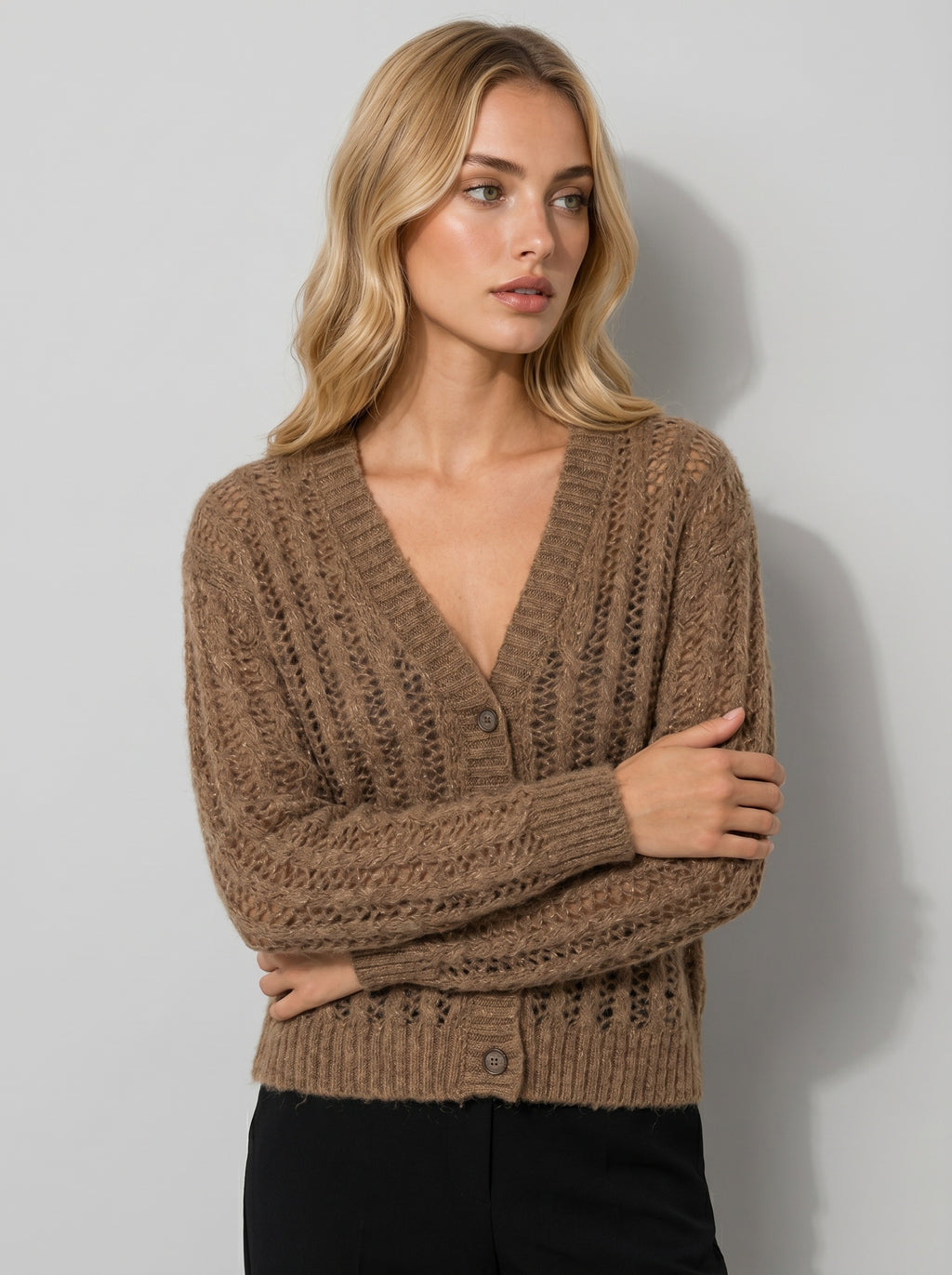 Cardigan Traforato a Trecce in Filo Lurex Mogano - MARKUP