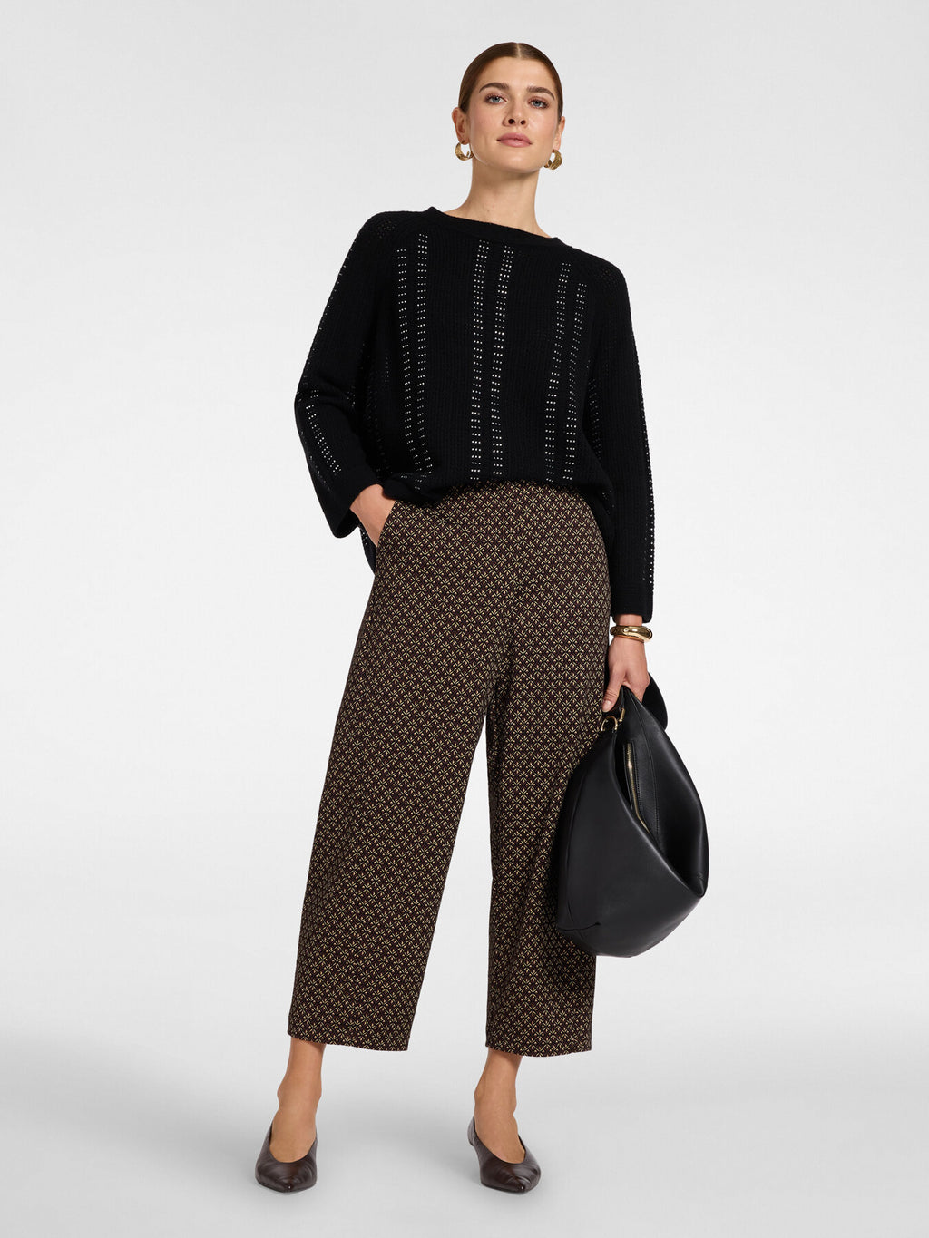 Pantaloni Cropped in Flanella Jacquard Marrone - Elena Mirò