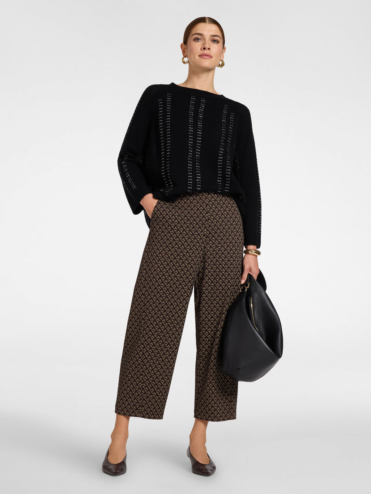 Pantaloni Cropped in Flanella Jacquard Marrone - Elena Mirò