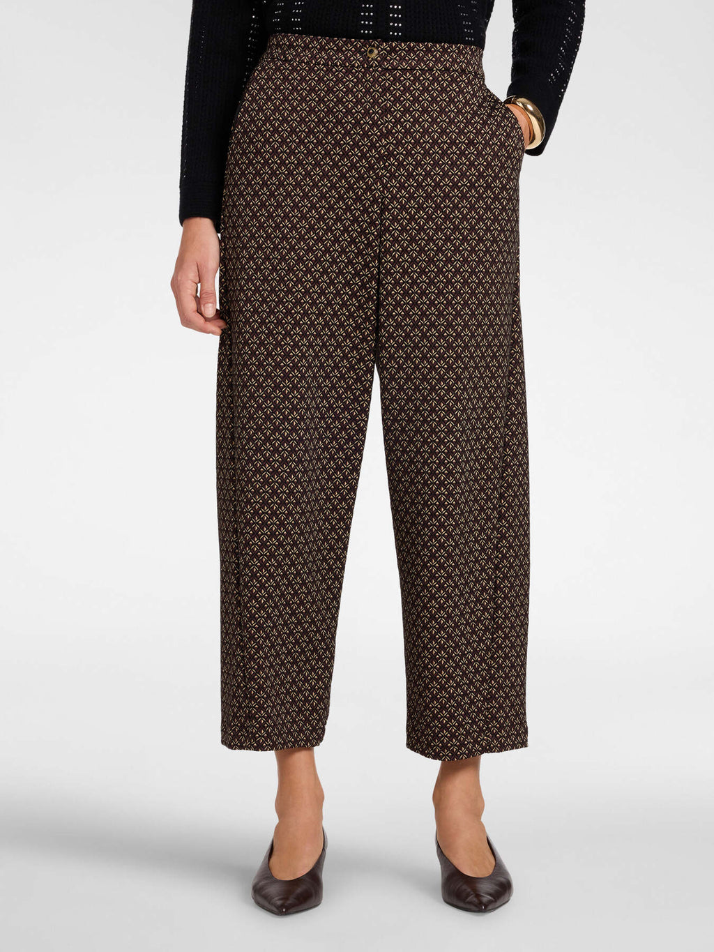 Pantaloni Cropped in Flanella Jacquard Marrone - Elena Mirò