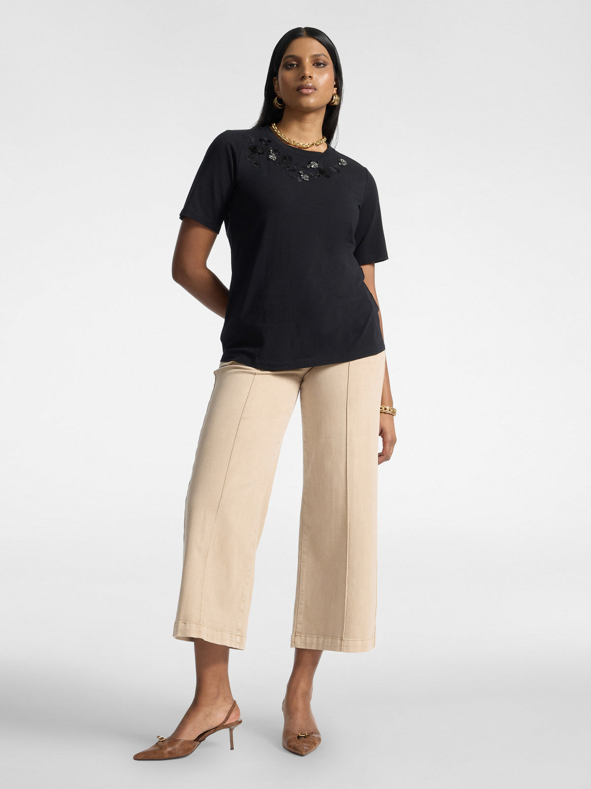 Pantaloni Palazzo Cropped Vita Alta Beige - Elena Mirò