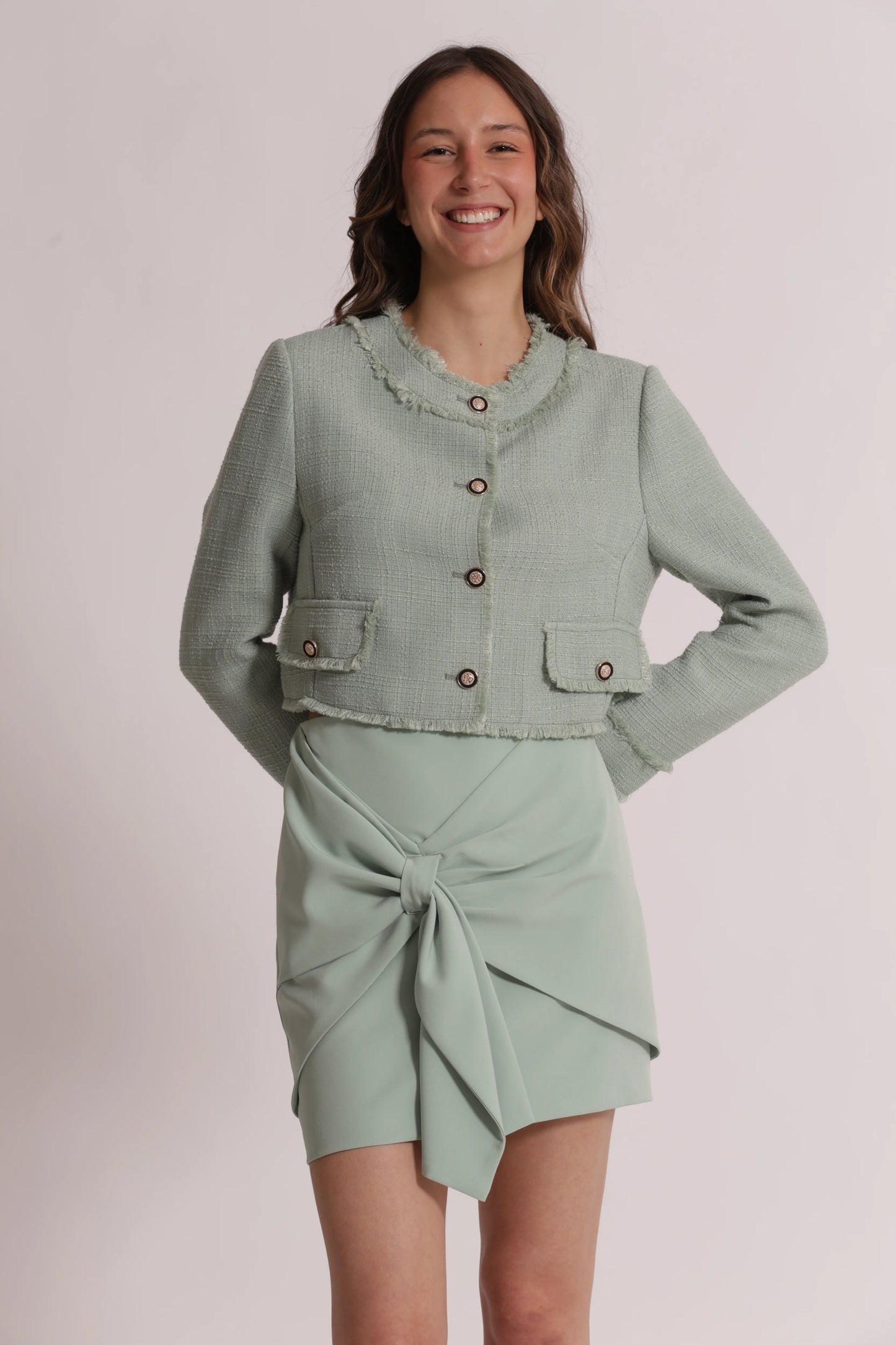 Giacca corta tweed verde menta Mimi-Mua