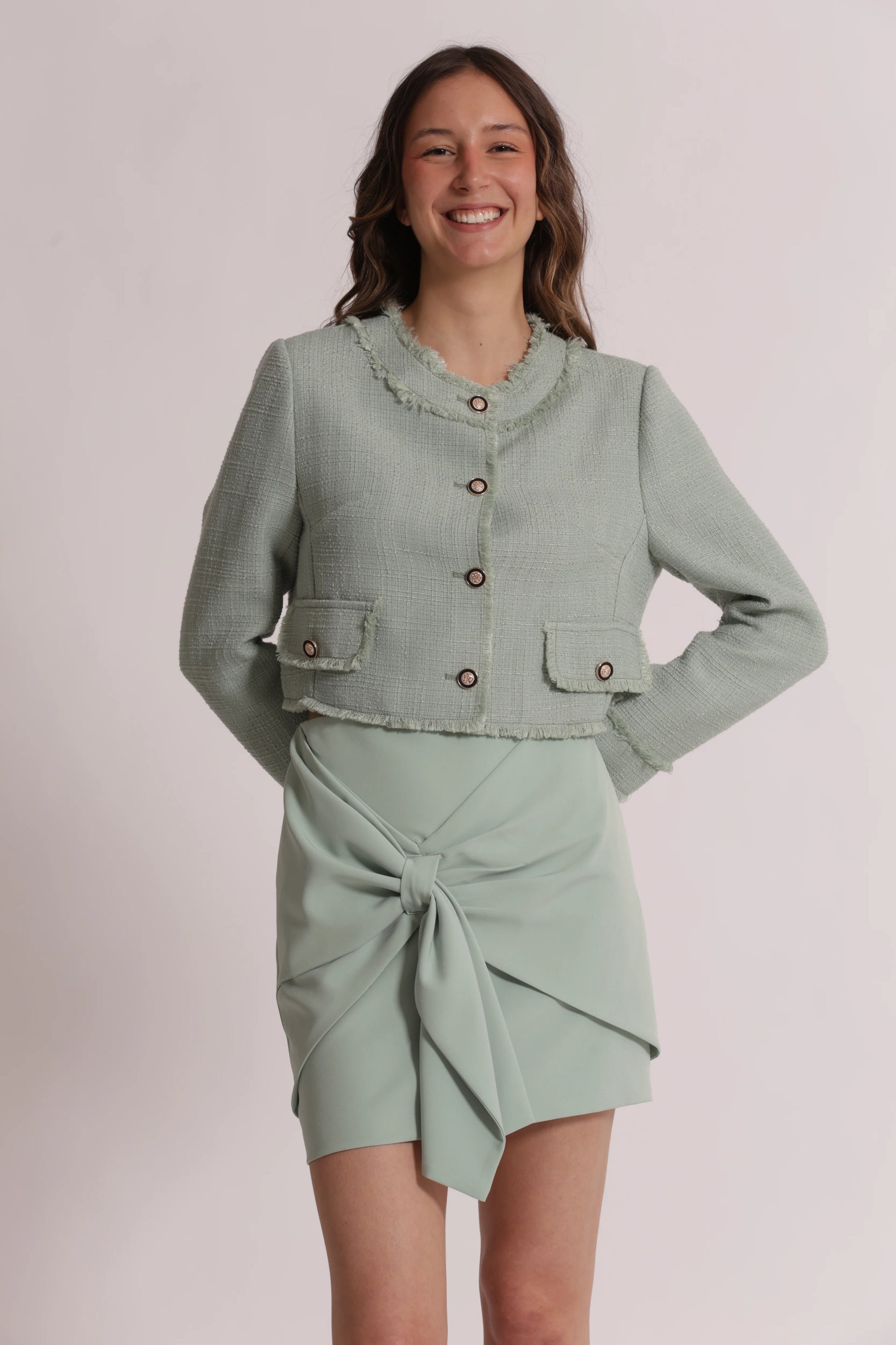 Giacca corta tweed verde menta Mimi-Mua