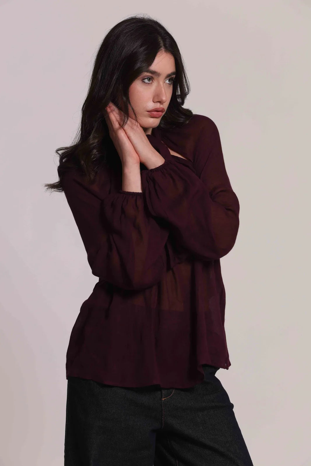 Mimi Mua Blusa con Fiocco al Collo in Garza di Viscosa Prugna
