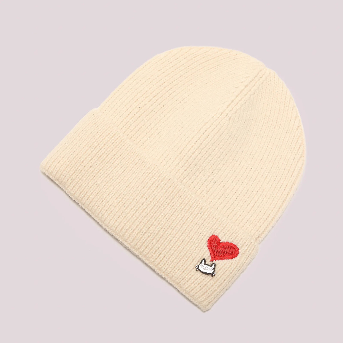 Mimi Mua Cappello Berretto con Cuore Ricamato Panna