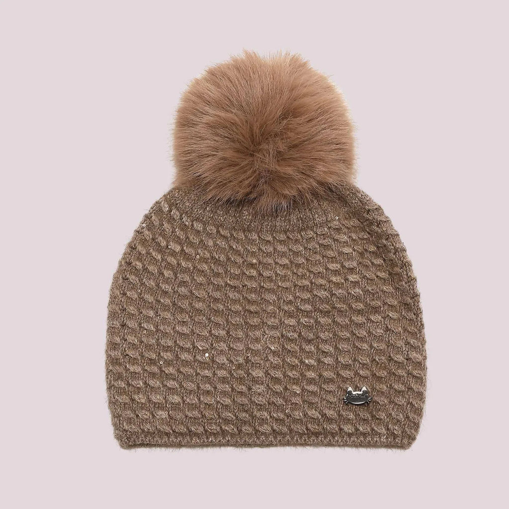 Mimi Mua Cappello Berretto con Paillettes Sparse e Pon Pon Marrone — foto 4