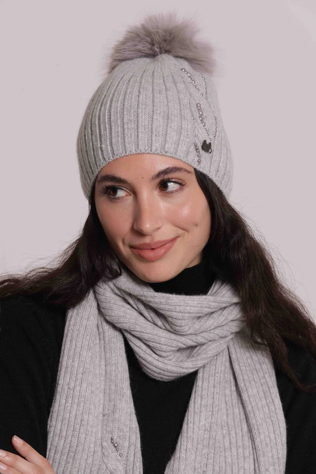 Mimi Mua Cappello Berretto con Perline e Pon Pon Grigio