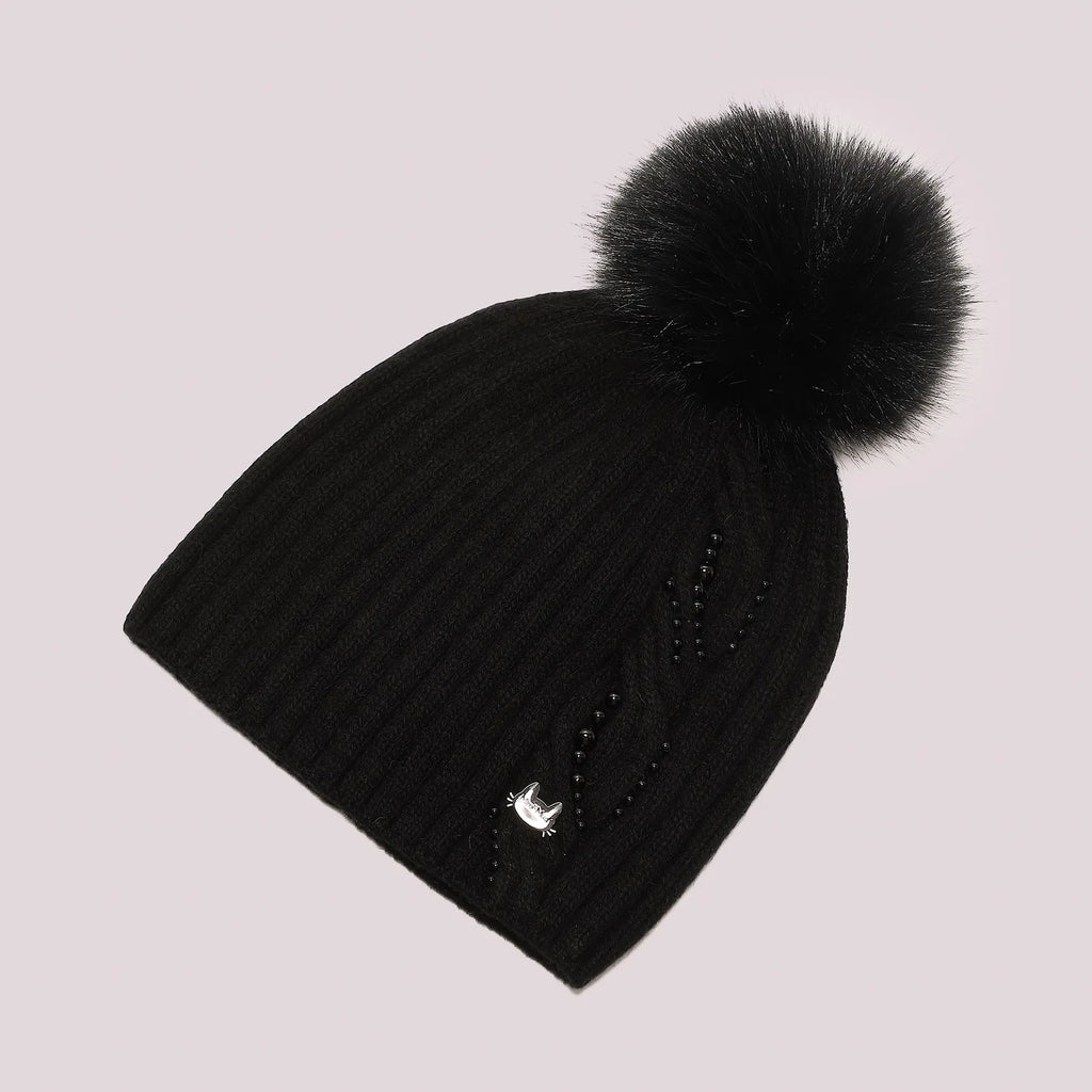 Mimi Mua Cappello Berretto con Perline e Pon Pon Nero — foto 3