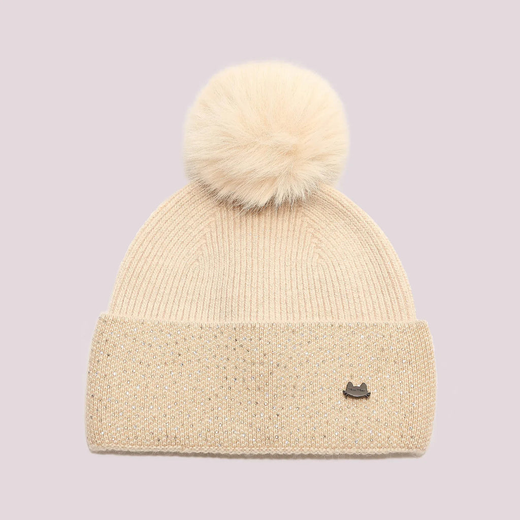 Mimi Mua Cappello Berretto con Strass Sul Risvolto e Pon Pon Beige — foto 3