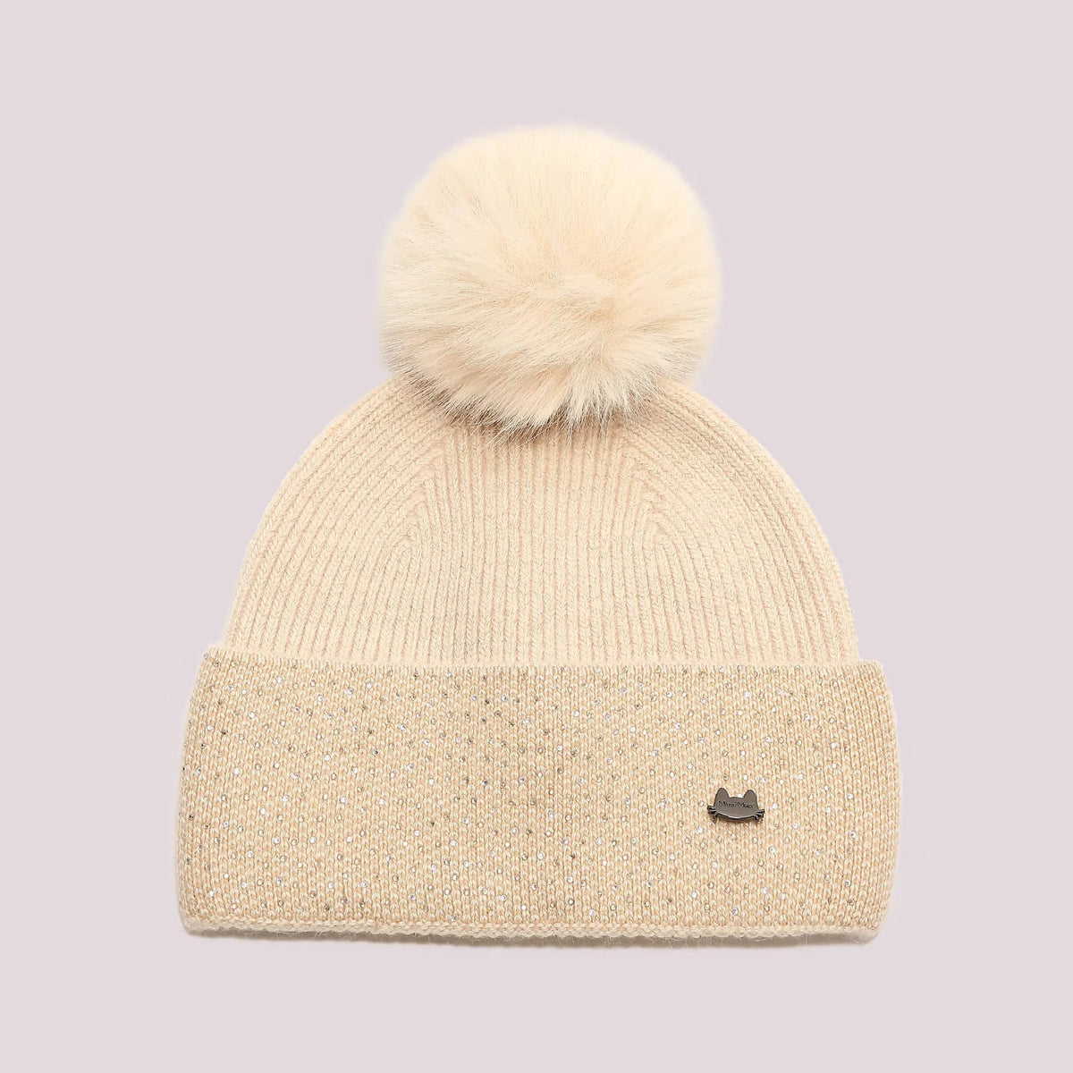Mimi Mua Cappello Berretto con Strass Sul Risvolto e Pon Pon Beige — foto 3