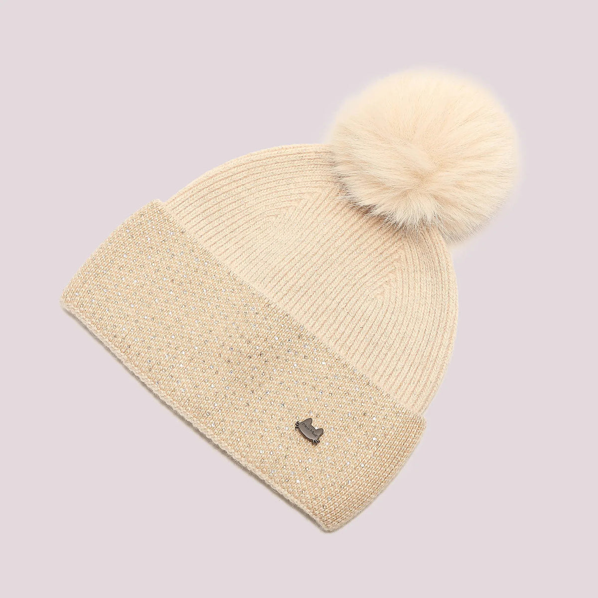Mimi Mua Cappello Berretto con Strass Sul Risvolto e Pon Pon Beige — foto 4