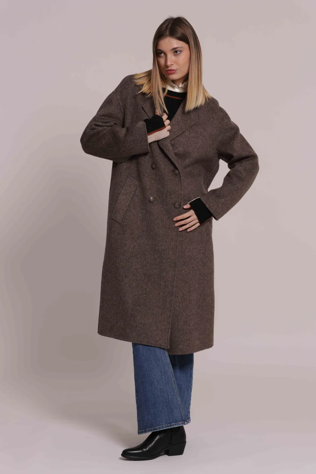 Mimi Mua Cappotto Lungo Doppio Petto Moro
