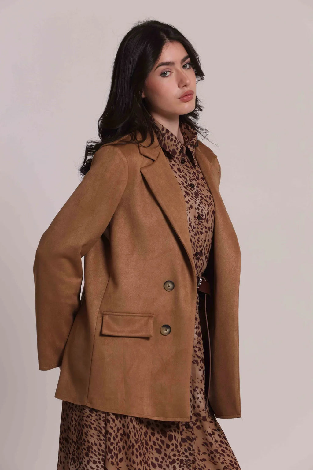 Mimi Mua Giacca Lunga in Jersey Effetto Camoscio Beige