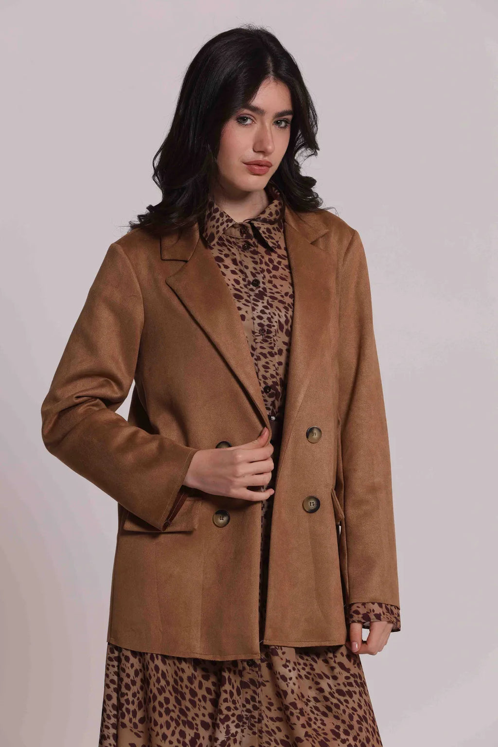 Mimi Mua Giacca Lunga in Jersey Effetto Camoscio Beige — foto 2