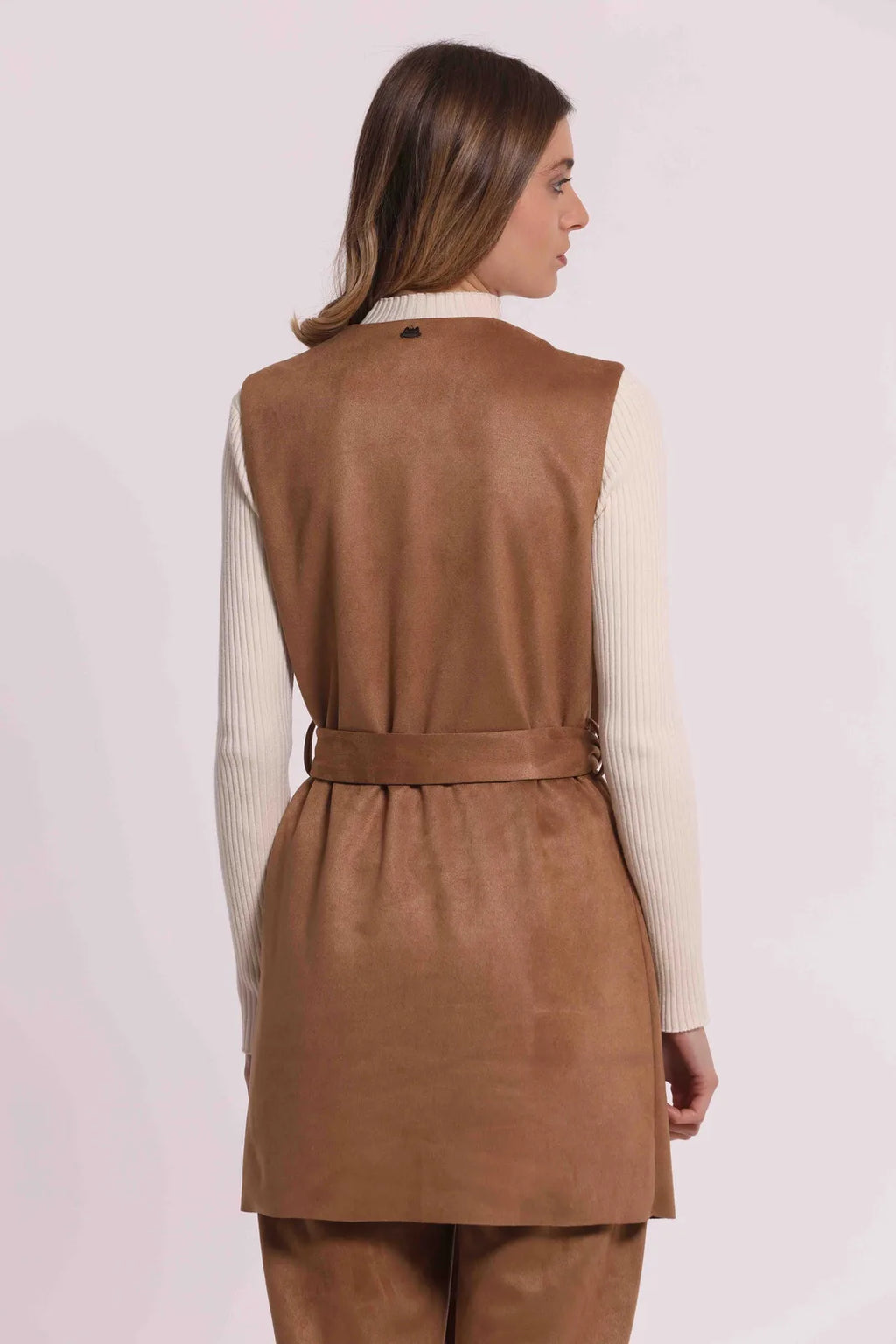 Mimi Mua Gilet Lungo in Jersey Effetto Camoscio Beige — foto 5