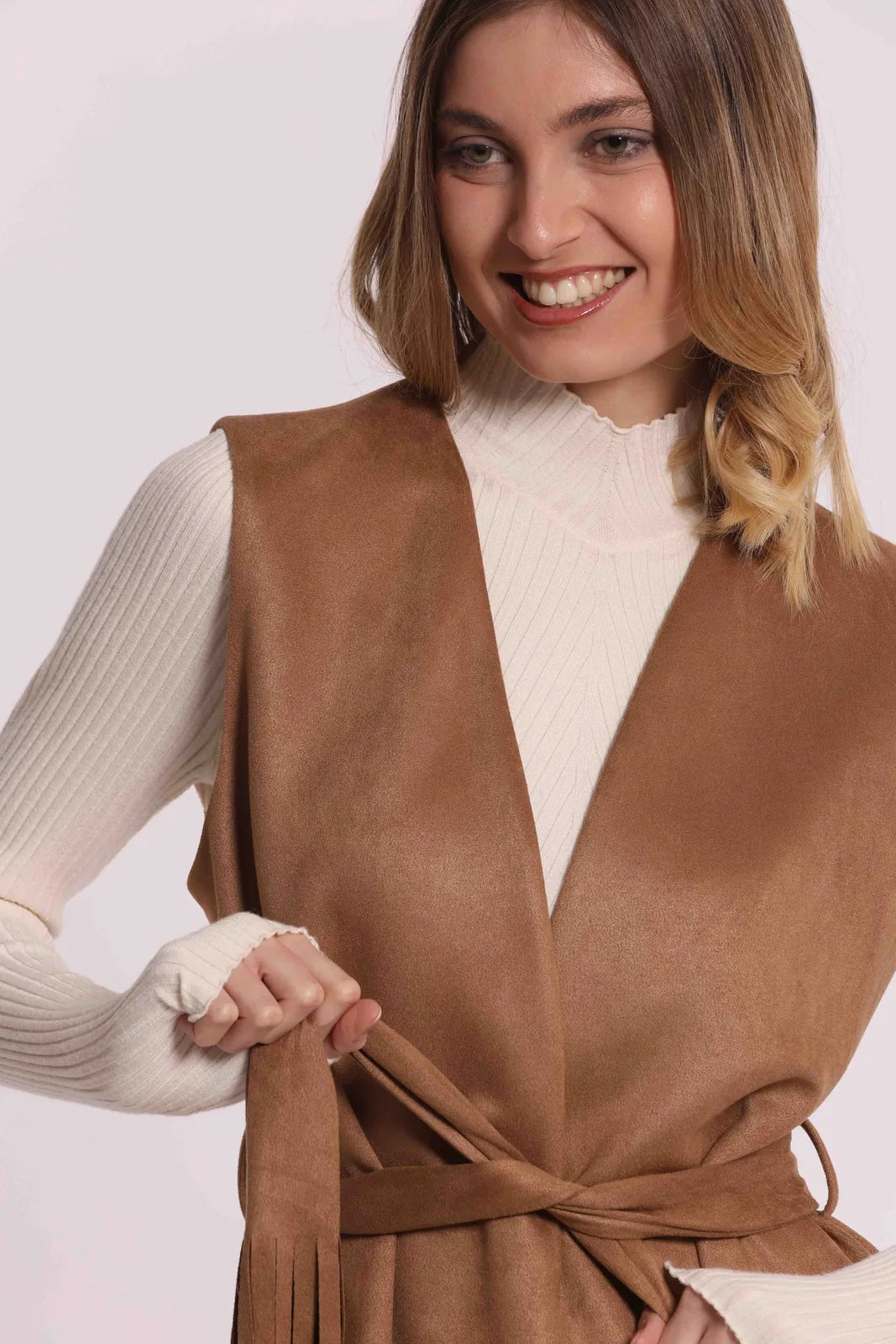 Mimi Mua Gilet Lungo in Jersey Effetto Camoscio Beige — foto 6