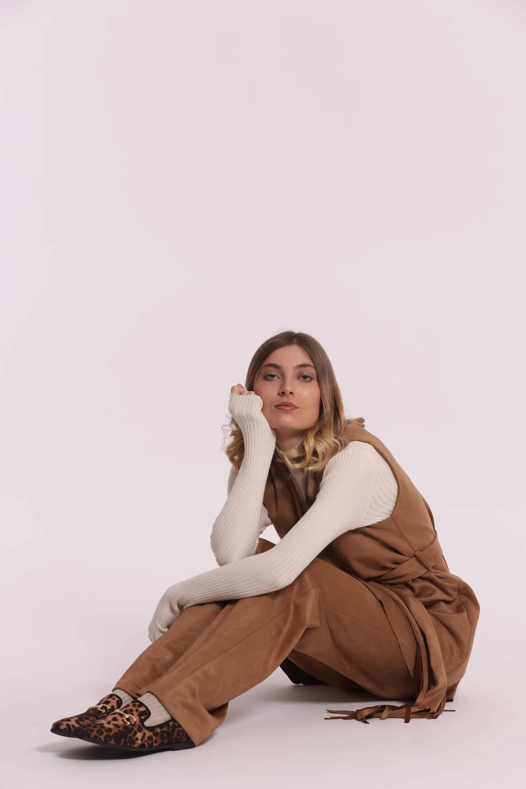 Mimi Mua Pantalone Dritto in Jersey Effetto Camoscio Beige