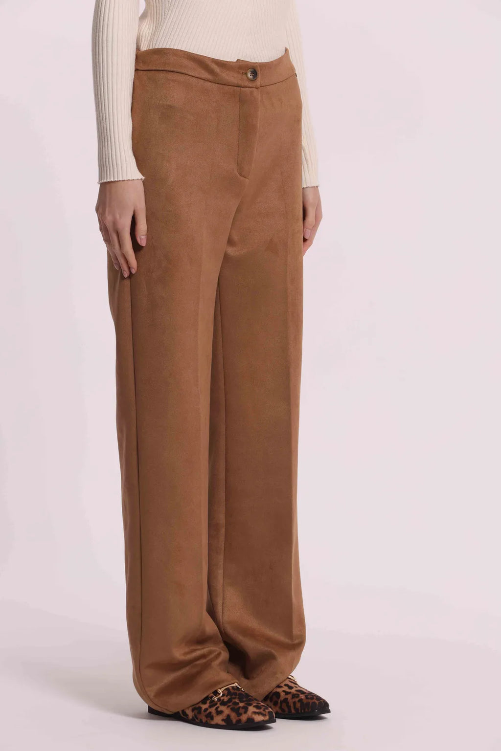 Mimi Mua Pantalone Dritto in Jersey Effetto Camoscio Beige — foto 3